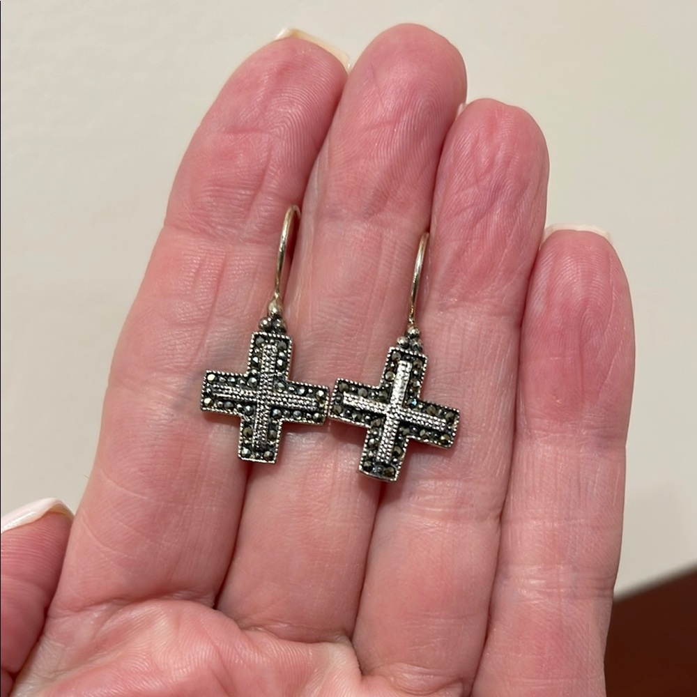 Sterling Silver & Marcasite Cross Earrings - Never Worn